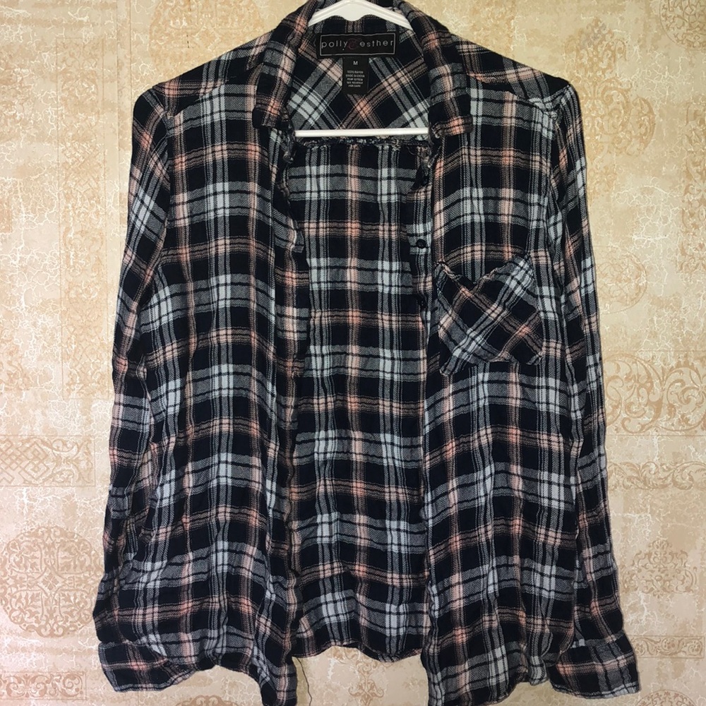 peach and blue plaid button up